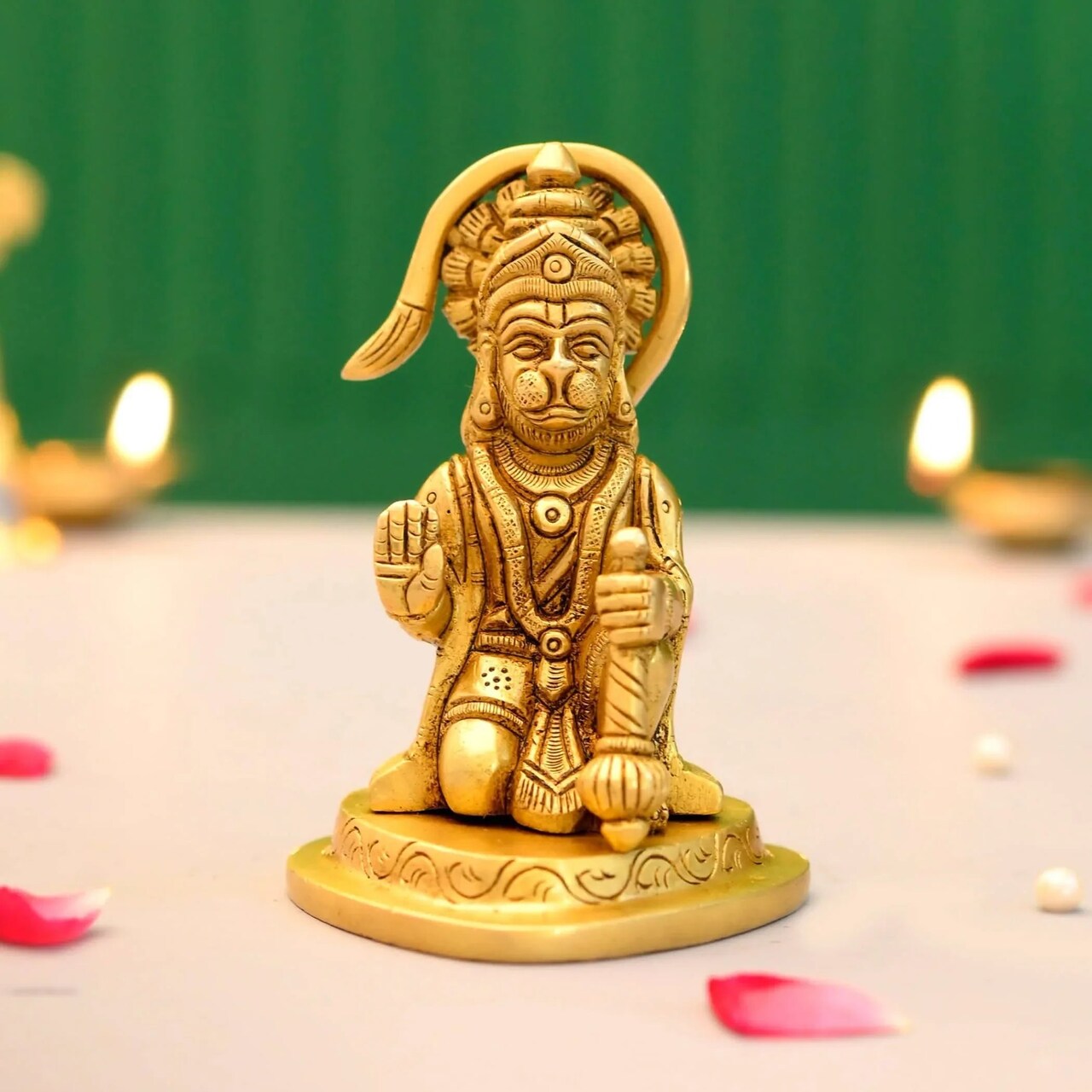Brass Hanuman Statue Anjani Pawan Putra Lord Bajrangbali Idol Murti Hindu Religious Divine Sculpture for Home Office Entrance Pooja Room Temple Mandir Decor Housewarming Gift (3.9 Inches)